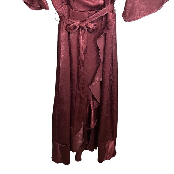 Lulus‎ Dress Wrapped in Love Burgundy Satin Faux Wrap Angel Sleeves & Belt XS - Picture 8 of 9